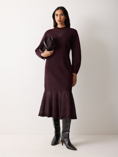 Sheer Panel Knit Dress | Burgundy