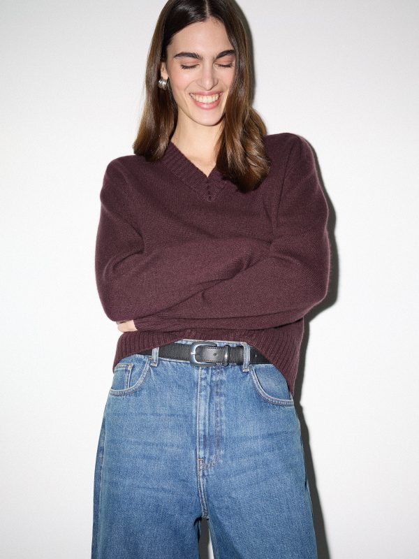 Wool Cashmere Blend V Neck Jumper | Purple